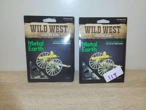 lot 119 image: Metal Earth Wild West Gatling Gun 2 Piece Sheet Model Kit Lot of 2
