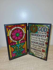 lot 128 image: Stained Glass Decorative Panel Diptych with Flower and Serenity Prayer