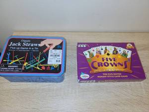 lot 130 image: Classic Jack Straws Pick Up Game in a Tin and Five Crowns Card Game Lot
