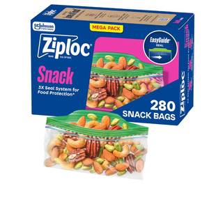 lot 5425 image: Ziploc Snack Bags with EasyGuide Texture, Small Plastic Storage Bags with Grip N Seal Technology, 280 Bags Total - Retail $10