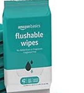 lot 5469 image: Amazon Basics Flushable Adult Toilet Wipes, Fragrance Free, 2 packs, 42 Wipes per Pack  - Retail $13