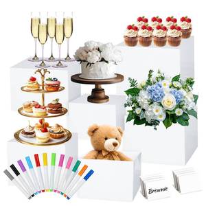 lot 4170 image: 6 Pcs Buffet Risers with Markers and Signs, Risers for Display for Food, Jewelry Display, and Daily Organization, Acrylic Food Risers, Cube Boxes Nesting Riser (Sizes 3,4,5,6,7,8 (White)