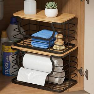 lot 4171 image: REFGY 2-Pack Stackable Trash Bag Holder with Natural Fiber Top, 10-Inch Wide Opening Garbage Bag Dispenser for 13 to 33 Gallon Rolls, 11 x 7.1 x 5.9 Under Sink Organizer for Kitchen & Laundry