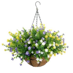 lot 4175 image: BCBLF Artificial Hanging Flowers Basket, 12 UV-Resistant Bundles of Realistic Fake Flowers, Faux Plants for Outdoor Decor, Home, Garden, Porch, Patio, Spring & Summer Decorations, Yellow Purple White