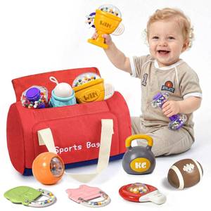 lot 4264 image: STACTCUTE 11 Pcs Baby Gym Rattles Toys Set with Sports Themed Bag, Dumbbell & Ball Newborn Workout Sensory Teething Toys for Infants 0-6 Months, 1st Birthday Shower Gifts for Boys Girls