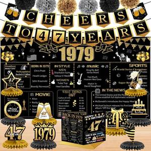 lot 4292 image: 47th Birthday Decorations for Women Men, 18PCS Black Gold Back in 1979 Banner Decorations, Bday Backdrop, 47 Year Old Banner