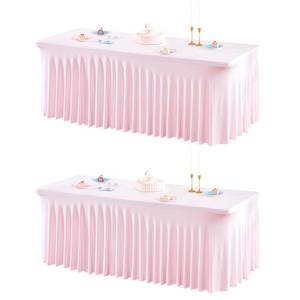 lot 4297 image: 2 Packs Pink Table Clothes for 8 Foot Rectangle Tables, One-Piece Wrinkle Resistant Stretch Spandex Table Covers with Skirt for Event Banquet Wedding Birthday Party