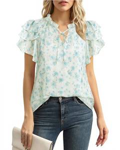 lot 4310 image: Lotusmile Dressy Blouses for Women, Floral Tops Short Sleeve Womens Dressy Tops and Blouses for Wedding Peasant Blouse Wrinkle Free Boho Summer Shirts for Women 2025 Vacation Blue Rose L
