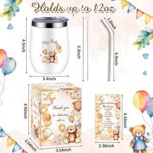 lot 4325 image: Hoolerry 4 Set Baby Shower Game Prizes for Guests Winners 12 oz Insulated Stainless Steel Tumbler Cup with Lids, Straws, Cleaning Brush, Cards & Boxes Return Gifts(Brown,Brown Bear)