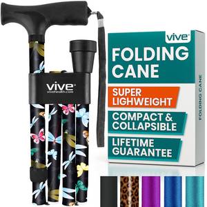 lot 4335 image: Vive Folding Cane - Foldable Walking for Men, Women Fold-up, Collapsible, Lightweight, Adjustable, Portable Hand Stick Balancing Mobility Aid Sleek, Comfortable (Black Butterfly)