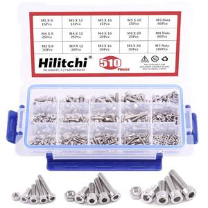 lot 4343 image: Hilitchi 510pcs M3 M4 M5 Stainless Steel Hex Socket Head Cap Bolts Screws Nuts Assortment Kit - 304 Stainless Steel (Hex Socket)