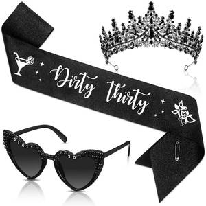 lot 4358 image: JaGely 3 Pcs 30th Birthday Party Accessories Set, Gothic Crown Tiara Rip to My 20s Sash and Death to 20s Sunglasses(Black,Dirty Thirty)