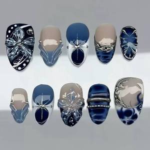 lot 4389 image: 30pcs Dark Blue Flower Press on Nails Short Almond Fake Nails with Silver French Lines Star Designs Summer Flowers False Nails Blue French Tip Acrylic Nail Gothic