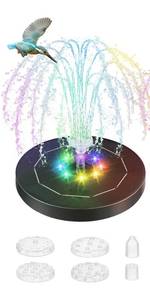 lot 4408 image: Saillong 1 Pack 5W Solar Bird Bath Fountain Pump with Colorful LED Lights, 6.3 Battery and Solar Powered Water Fountains with 6 Nozzles, Floating Fountain Pump for Bird Bath Garden, Pond