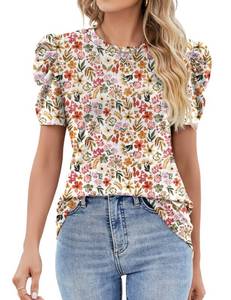 lot 4435 image: Ivicoer Floral Tops for Women Casual Spring Boho Shirt Loose Casual Puff Short Sleeve Bohemian Spring Tops Blouses for Women 2025 S