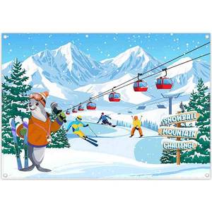 lot 4445 image: Monalivest 7x5ft Fabric Cartoon Ski Backdrop Snow Mountain Sea Lion Cable Cars Photography Background Kids Summer School Acticities Party Decorations Photo Booth Banner