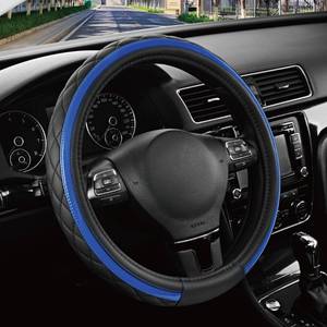 lot 4477 image: Road Comforts Leather Steering Wheel Cover Black &amp Blue, Universal Fit 14.5-15 Inch, Microfiber Leather, Anti-Slip &amp Breathable Design