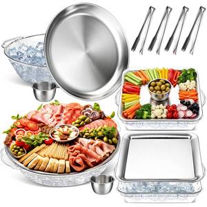 lot 4487 image: Baderke 4 Set 11.8  9 Chilled Serving Tray for Parties with Compartments Ice Chilled Party Platter Charcuterie Serving Board 1.7 oz Dipping Bowls with Tongs for Fruit Seafood Vegetable (Natural)