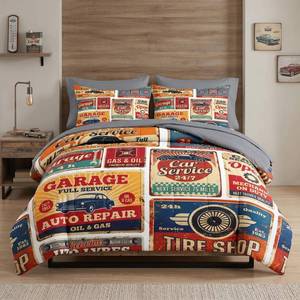 lot 4497 image: Pamnest Comforter Set Twin Size, Vintage Car Auto 5 Pcs Bedding for Kids and Adults, Retro Vehicle Automotive Bed Sheet Sets with Fitted Sheet Pillowcase & Sham for Bedroom Bed Decor