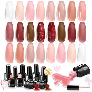 lot 4513 image: MEFA Jelly Gel Nail Polish Set, 12 Colors Jelly Red Glitter Gel Polish Set Nude Pink Milky White Nail Polish Gel Neutral Transparent Sheer Red Gel Nail Gifts for Women Girl DIY Salon Home Manicure