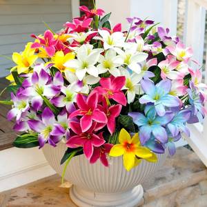 lot 4517 image: Guagb Artificial Fake Flowers for Outdoor Decoration, 8 Bundles UV Resistant Artificial Lily Silk Flowers Faux Flowers for Front Porch Patio Garden Window Box Planter Indoor Outside Decor (6 Colors)