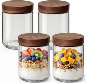 lot 4523 image: Osfel 16oz 4 Pack Overnight Oats Containers with Lids, Glass Mason Jars with Acacia Wood Airtight Lids, Wide Mouth Meal Prep Storage Jars for Yogurt, Chia Pudding, Salad, Parfait, Snacks, Spice