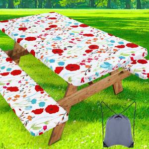 lot 4541 image: misaya Picnic Table Cover with Bench Cover, Waterproof Elastic Fitted Tablecloth for 8 Foot Tables, Rectangle Washable Polyester Fabric Tablecloths for Picnic, Camping, Outdoor (Flower, 30 x 96)