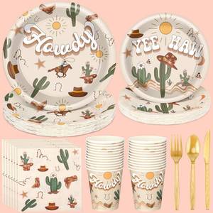 lot 4549 image: Romooa 168 Pcs Western Rodeo Country Birthday Party Supplies First Rodeo Cowboy Birthday Party Decorations, Howdy Cowgirl Supplies, Yeehaw Boho Western Baby Shower Favors, Wild West Theme Tableware