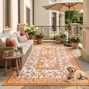 lot 4584 image: Garvee Outdoor Rug 5x8, Waterproof Reversible Foldable Plastic Straw Rug, Botanical cottagecore Outdoor Rugs Patio Camping RV Carpet for Deck Camper Porch Balcony Backyard Picnic Beach Orange