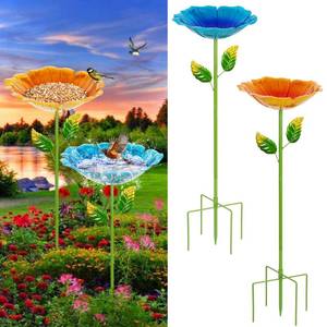 lot 4660 image: Retyion 2 Pack Bird Baths for Outdoors, Colorful Metal Bird Bath for Outside, Hummingbird Bath with Five Stakes, Garden Flower Small Birdbath for Garden Decor, 31.3 H x 10.63 Dia (Blue,Yellow)