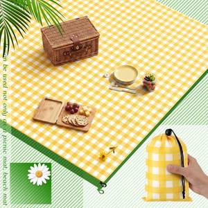 lot 4693 image: HunnmingRe Gingham Pocket Picnic Blanket Lightweight Portable Compact Beach Mat 55 x 60inch Foldable with Small Bag Sandproof Waterproof Quick Dry Outdoor Blanket, Yellow