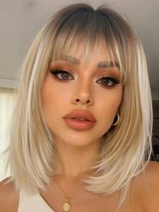 lot 4706 image: FANCEE Highlight Blonde Layered Wigs with Bangs 14 Inch Short Ombre Blonde Balayage Glueless Ready-to-Go Straight Synthetic Bob Wigs for Women Realistic Scalp Dark Roots Daily Cosplay Use