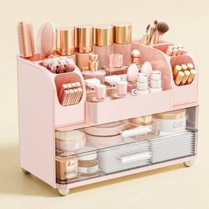 lot 4716 image: Makeup Organizer for Vanity with Brush Holder, Large Bathroom Countertop Organizer & Skincare Storage  Perfume, Cosmetics Display Case with Drawers (Pink)