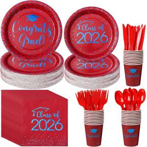 lot 2172 image: 175pcs Class of 2026 Graduation Plates and Napkins Set, Disposable Paper Plate Set Polka Dots Plates Napkins Cups Knife Fork Spoon for Graduation Party Decorations and Supplies,Serve 25 (Red Blue)