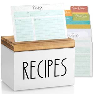 lot 2186 image: BWODYAY Recipe Box, Wood Recipe Card Box Set, Recipe Box with 100 Cards and 6 Dividers,4x6 Recipe Organizer, Recipe Card Holder, White