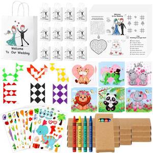 lot 2201 image: VercanMonth 12 Set Wedding Activities Includes 12 Coloring Placemats with Crayons 12 Puzzle 12 Animals Stickers 12 Wedding Gift Goodie Bags and 12 Snake Cube for Boys and Girls Wedding Games Favor