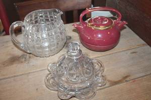 lot 1687 image: Double Sided Teapot, Vtg. Glass Pitcher & More