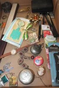 lot 1695 image: Antique Perfume Metal Bottle, Brooches & More