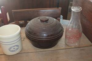 lot 1718 image: Vtg. Lg. Pottery Bowl with Lid, Milk Bottle & More