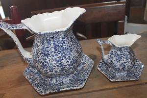 lot 1735 image: Vintage Enesco Blue White Floral Pitchers