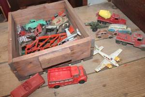 lot 1742 image: Vtg. Wooden Crate with Toy Vehicles & More