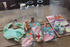 lot 1752 image: NIP Vtg. Doll Clothes, Baby Bottles & More