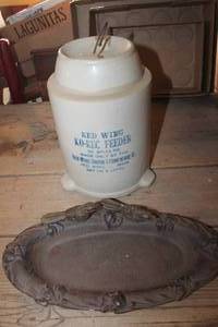 lot 1778 image: Vtg. Red Wing Crock Feeder & Cast Iron Bird Bath