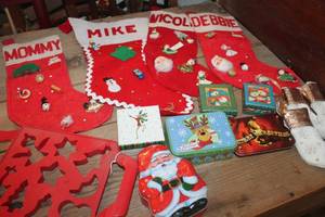 lot 1857 image: Vtg. Christmas Stockings, Gift Boxes & More