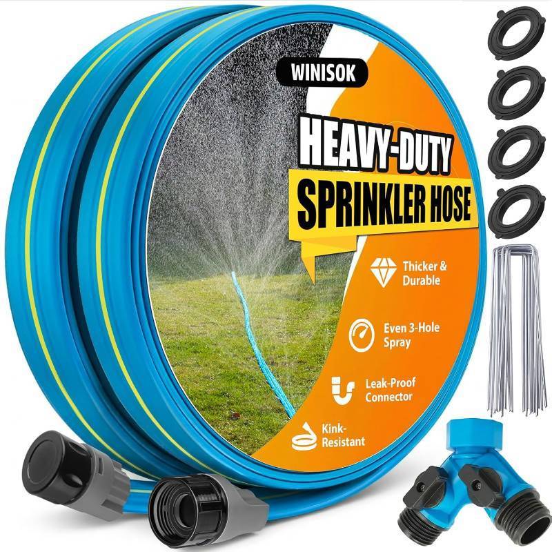 lot 19946 image: Winisok Flat Sprinkler & Soaker Hose for Garden, Heavy Duty 3-Tube Lawn Irrigation Hose, No-Kink Flexible Watering Hose for Yard, Plants (50ft) (1 Hose)