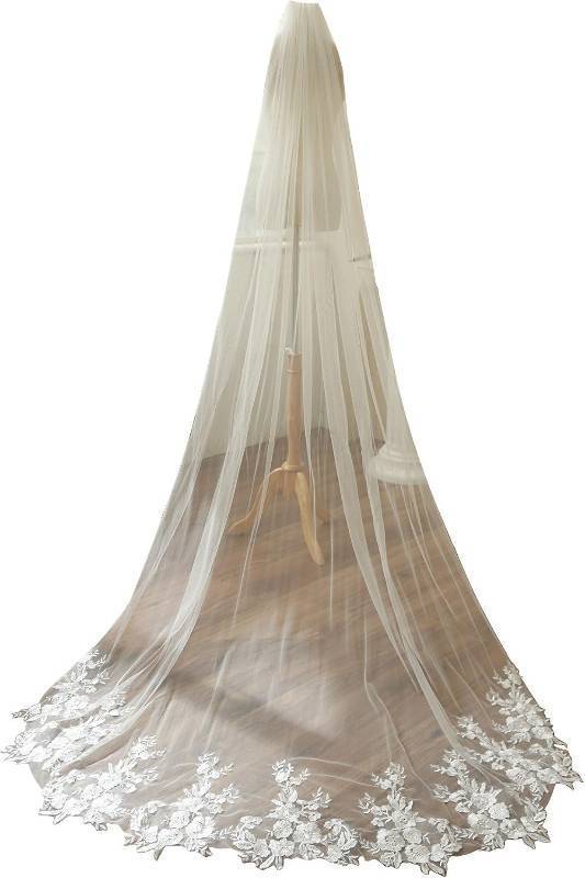 lot 19882 image: Chapel Length Sequin Lace Floral Wedding Bridal Veil with Comb