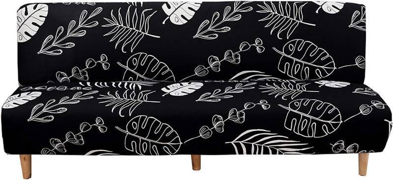 lot 19896 image: WOMACO Printed Futon Cover Stretch Sofa Bed Slipcovers Full Twin Queen Size Armless Couch Loveseat Protector Covers with Elastic Bottom for Living Room Bedroom Furniture (Black Leaves, 63-75)