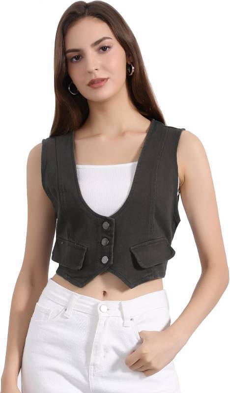 lot 20274 image: Allegra K Womens Denim Vest Sleeveless Button Down Cropped Casual Jean Vest Tops Western Cowgirl Outfits SIZE XL