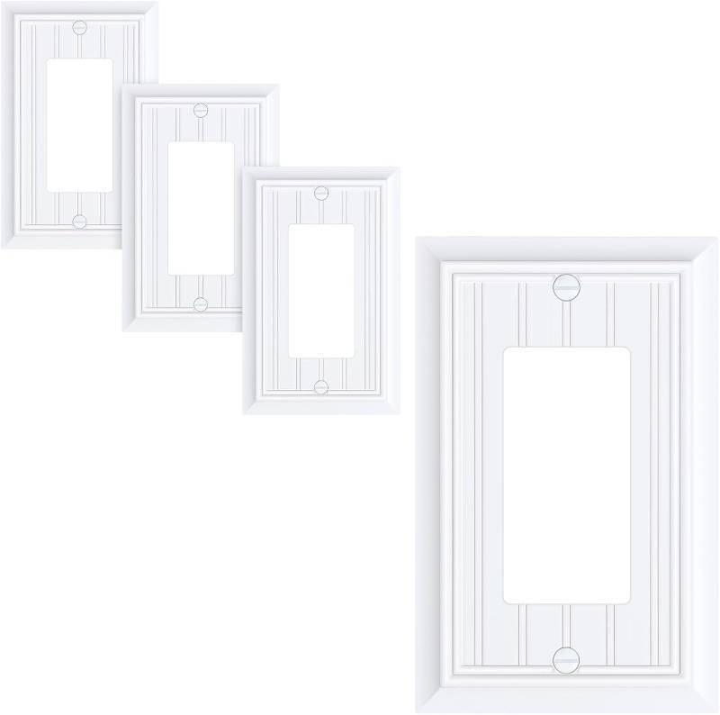 lot 20302 image: 4-Pack Classic Beadboard Decorator Wall Plate Cover, Pure White Decorative Switch Plates and Outlet Covers, Durable Natural Bamboo Fiber Wall Plates for Electrical Outlets, Receptacle, GFCI Outlet