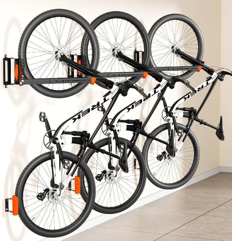 lot 20362 image: 3-Pack Swivel Bike Rack Wall Mount, Bike Hangers for Garage, Space-Saving Vertical Bike Holder, Holds up to 77 lbs, Bicycle Wall Hanger Storage, No Heavy Lifting Required Indoor Hanging Bike Rack
